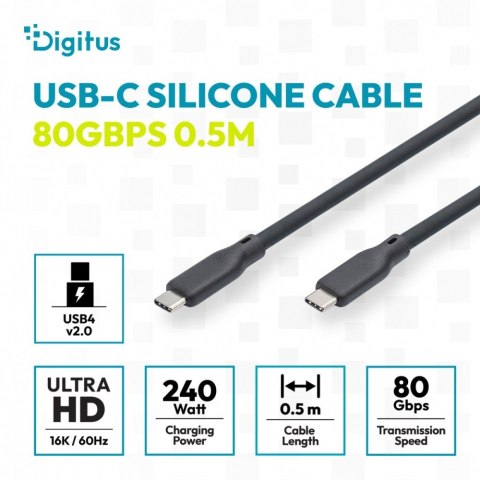 Kabel połączeniowy silikonowy USB-C-USB-C | USB 4 ver.2.0 80Gbps | 8K@60Hz | PD 3.1 240W| 0,5m | czarny