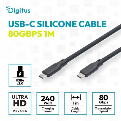 Kabel połączeniowy silikonowy USB-C-USB-C | USB 4 ver.2.0 80Gbps | 8K@60Hz | PD 3.1 240W| 1,0m | czarny