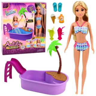 Lalka Anlily Na Basenie Zjeżdżalnia Palma Akcesoria Plażowe Zestaw LEAN Toys