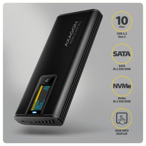 EEM2-SD2B Obudowa zewnętrzna aluminiowa bezśrubowa USB-A/C 3.2 Gen2 M.2 NVMe/SATA wyświetlacz LED, czarny