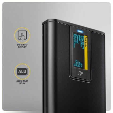 EEM2-SD2B Obudowa zewnętrzna aluminiowa bezśrubowa USB-A/C 3.2 Gen2 M.2 NVMe/SATA wyświetlacz LED, czarny