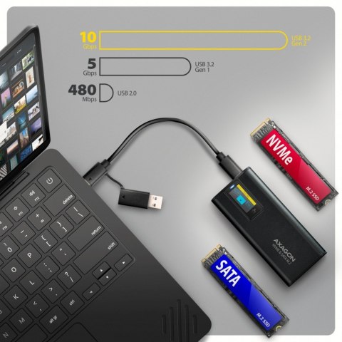 EEM2-SD2B Obudowa zewnętrzna aluminiowa bezśrubowa USB-A/C 3.2 Gen2 M.2 NVMe/SATA wyświetlacz LED, czarny