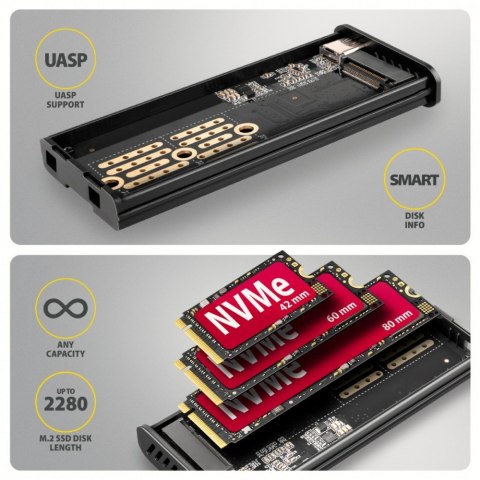 EEM2-SD2B Obudowa zewnętrzna aluminiowa bezśrubowa USB-A/C 3.2 Gen2 M.2 NVMe/SATA wyświetlacz LED, czarny