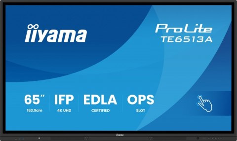 Monitor interaktywny 65 cali TE6513A-B2AG INFRARED,40pkt,IPS,4K,7H,500cd/m2, WiFi,USB, ANDROID 14, Google EDLA,2x20W, UCHWY
