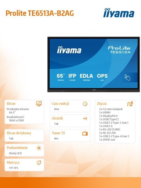 Monitor interaktywny 65 cali TE6513A-B2AG INFRARED,40pkt,IPS,4K,7H,500cd/m2, WiFi,USB, ANDROID 14, Google EDLA,2x20W, UCHWY
