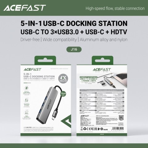 Hub stacja dokująca 5w1 USB-C - USB-A USB-C HDMI 4K 60Hz PD 90W - szara ACEFAST