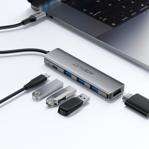 Hub stacja dokująca 5w1 USB-C - USB-A USB-C HDMI 4K 60Hz PD 90W - szara ACEFAST