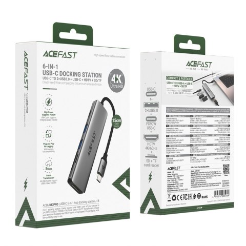 Hub stacja dokująca 6w1 USB-C - UAB-A USB-C HDMI SD 4K 60Hz PD 90W - szara ACEFAST