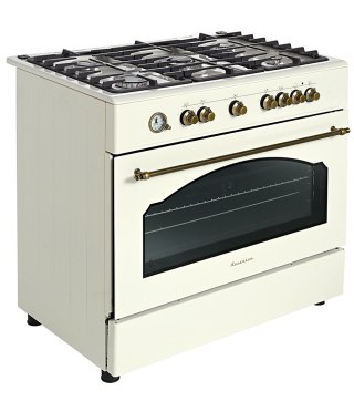 Kuchnia gazowo-elektryczna RAVANSON KWGE-90ARC Retro 90 cm | 5 palników + palnik WOK | termoobieg | rożen | kremowy (OUTLET)