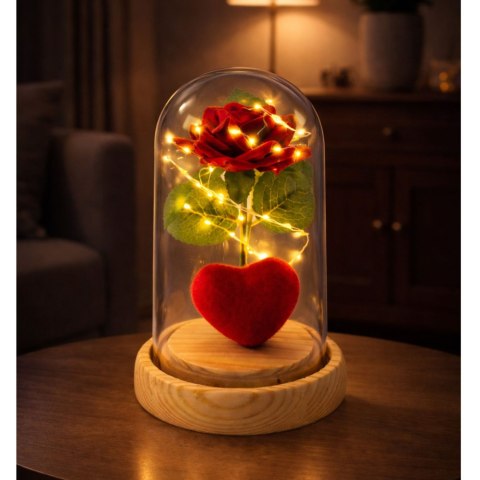 Wieczna Róża w Kopule z Oświetleniem LED Czerwona z Serduszkiem 14x8cm