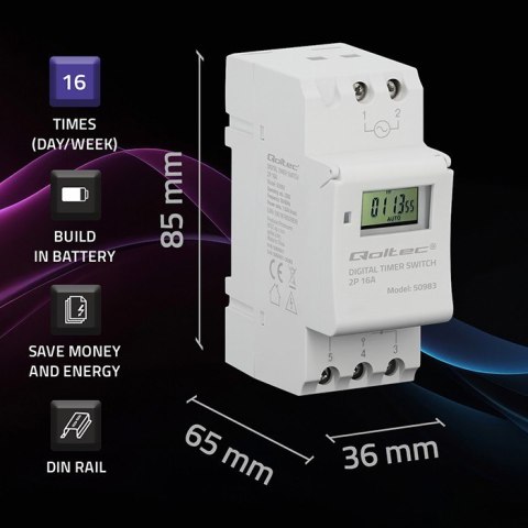 Elektroniczny programator czasowy TIMER na szynę DIN z wbudowaną baterią | harmonogram 7 dni | 16 programów