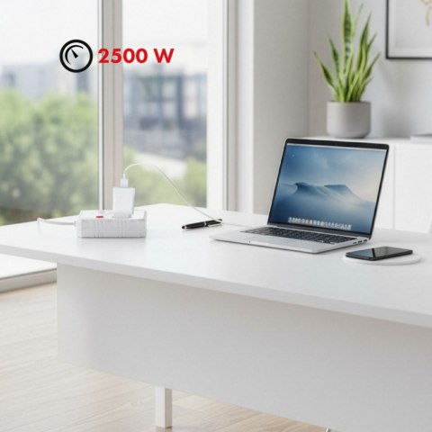 Listwa zasilająca 2 gniazda MCE387 W 3xUSB, 110-240V AC 50/60Hz, 2.1A max 2500W, 1.5m, biała