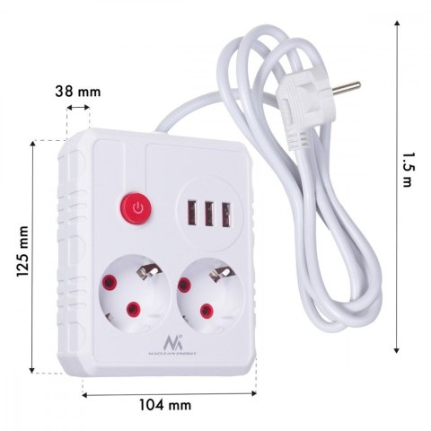 Listwa zasilająca 2 gniazda MCE387 W 3xUSB, 110-240V AC 50/60Hz, 2.1A max 2500W, 1.5m, biała