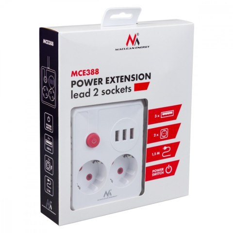 Listwa zasilająca 2 gniazda MCE387 W 3xUSB, 110-240V AC 50/60Hz, 2.1A max 2500W, 1.5m, biała