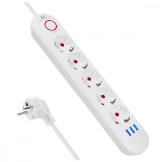 Listwa zasilająca 5 gniazd MCE395 W 3xUSB, 110-240v AC 50/60Hz, 2,1A max 2500W, biała