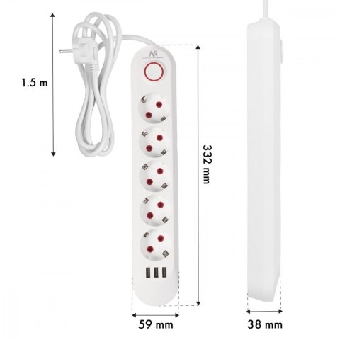 Listwa zasilająca 5 gniazd MCE395 W 3xUSB, 110-240v AC 50/60Hz, 2,1A max 2500W, biała
