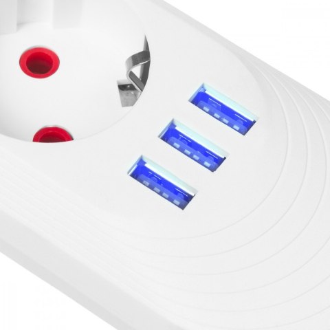 Listwa zasilająca 5 gniazd MCE395 W 3xUSB, 110-240v AC 50/60Hz, 2,1A max 2500W, biała