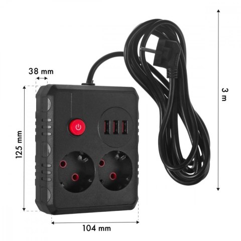 Listwa zasilająca MCE388 B 2 gniazda, 3xUSB, 110-240V AC 50/60Hz, 2.1A max 2500W, 3m czarna