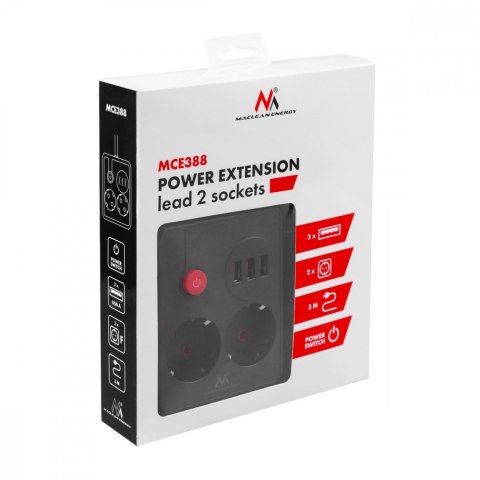 Listwa zasilająca MCE388 B 2 gniazda, 3xUSB, 110-240V AC 50/60Hz, 2.1A max 2500W, 3m czarna