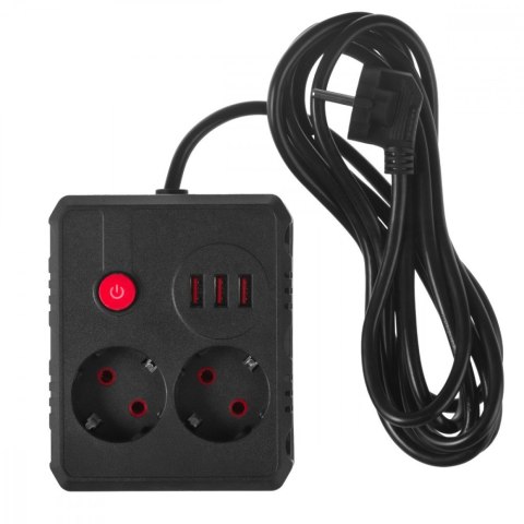 Listwa zasilająca MCE388 B 2 gniazda, 3xUSB, 110-240V AC 50/60Hz, 2.1A max 2500W, 3m czarna
