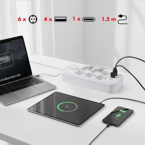 Listwa zasilająca MCE389 W 6 gniazd 4xUSB-A 1xUSB-C 110-240V, AC 50/60Hz, 2.1A max 2500W biała
