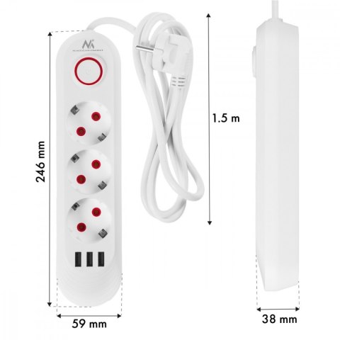 Listwa zasilająca MCE394 W 3 gniazda 3xUSB, 110-240V AC 50/60, 2.1A max 2500W, biała