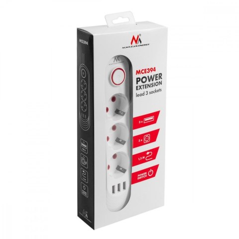 Listwa zasilająca MCE394 W 3 gniazda 3xUSB, 110-240V AC 50/60, 2.1A max 2500W, biała