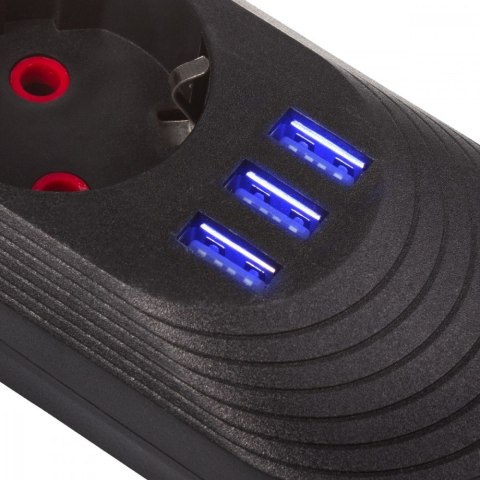 Listwa zasilająca MCE395 B 5 gniazd 3xUSB, 110-240V AC 50/60Hz, 2.1A max 2500W, czarna
