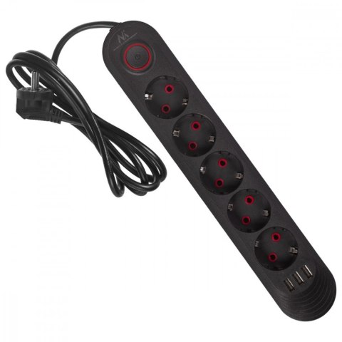 Listwa zasilająca MCE395 B 5 gniazd 3xUSB, 110-240V AC 50/60Hz, 2.1A max 2500W, czarna