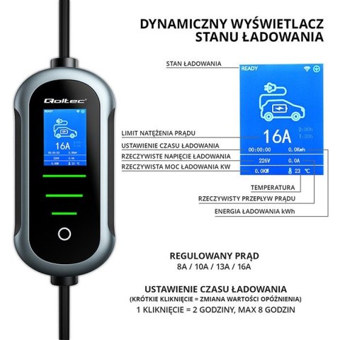Mobilna ładowarka do samochodu elektrycznego EV z regulacją 2w1 Typ2 | 3.5kW | 230V | Wi-Fi | TUYA | SMART LIFE | LCD | 5m