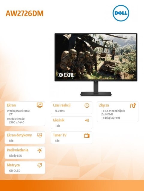 Monitor gamingowy Alienware AW2726DM 27 cali IPS QHD/16:9/DP/HDMI/3Y