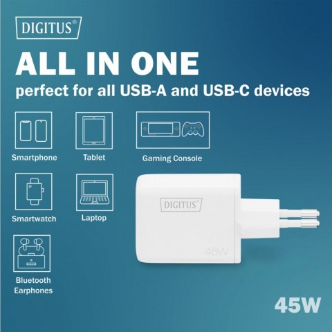 Ładowarka sieciowa GaN II 45W | 1x USB-C, 1x USB-A | PD 3.0, QC 3.0 | Biała