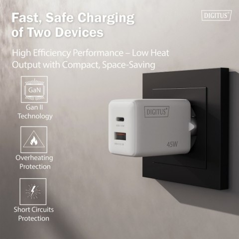 Ładowarka sieciowa GaN II 45W | 1x USB-C, 1x USB-A | PD 3.0, QC 3.0 | Biała