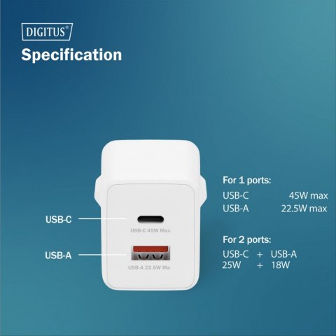 Ładowarka sieciowa GaN II 45W | 1x USB-C, 1x USB-A | PD 3.0, QC 3.0 | Biała