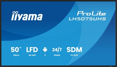 Monitor 50 cali LH5075UHS-B2AG,24/7,VA,ANDROID.11,4K,500cd,3xHDMI,DP, RJ45,2x10W,2xUSB,WiFi,4/32GB,24/7,A311D2, full daisy chain