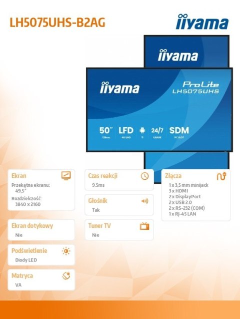 Monitor 50 cali LH5075UHS-B2AG,24/7,VA,ANDROID.11,4K,500cd,3xHDMI,DP, RJ45,2x10W,2xUSB,WiFi,4/32GB,24/7,A311D2, full daisy chain