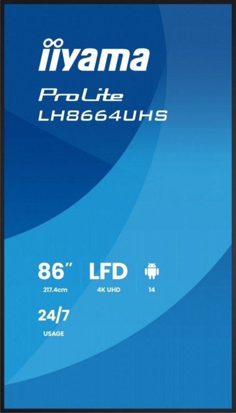 Monitor 86 cali LH8664UHS-B3AG 24/7,IPS,ANDROID 14,4K,2xHDMI,RJ45, 2xUSB,WiF,iUSB-C(DP-Alt),2x16W, iiSignage? (CMS), iiContro