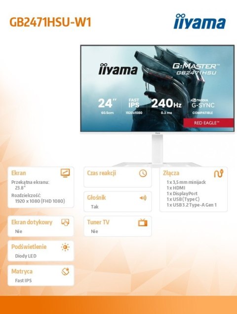 Monitor 23.8 cala GB2471HSU-W1 IPS,FHD,240Hz,2xHDMI,DP,1xUSB 3.2, 1xUSB C, Adaptive G-SYNC - 1920 x 1080 @48-240Hz DisplayP