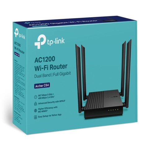 Router TP-LINK Archer C64 Obsługa standardu Wi-Fi 802.11ac Wave2 - 867 Mb/s w paśmie 5 GHz i 400 Mb/s w paśmie 2,4 GHz†.