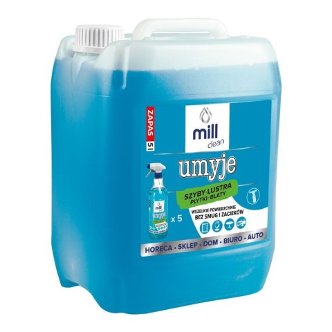 MILL CLEAN UMYJE 5 litrów. Płyn do mycia szyb, luster, glazury, płytek. Usuwa kurz, tłuste plamy, nie pozostawiając smug.