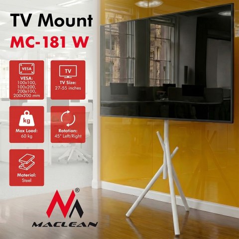 MACLEAN UCHWYT / STOJAK PODŁOGOWY DO TV, 27-55", MAX. VESA 200X200, MAX. 60KG MC-181 W