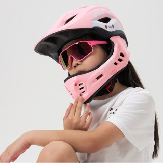 Kask rowerowy dziecięcy z odpinaną szczęką rozmiar M 54-58cm - różowy królik