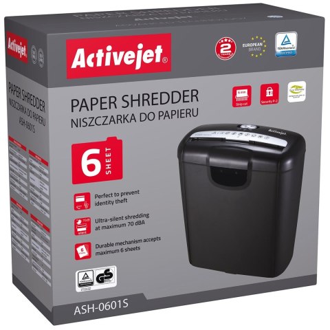 Activejet Niszczarka ASH-0601S, P-2, 10 l, pasek 6 mm, 6 kartek, czarna.