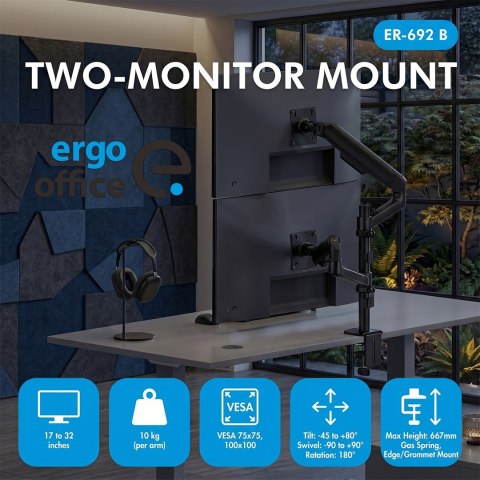 ERGO OFFICE UCHWYT / WIESZAK NA 2 MONITORY, SPRĘŻYNA GAZOWA, 17"-32", 1-10KG, CZARNY MAT, ER-692 B