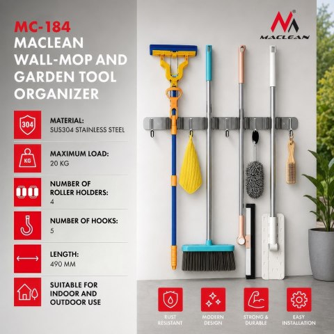 MACLEAN ŚCIENNY ORGANIZER NA NARZĘDZIA OGRODOWE ORAZ MOPY, STALOWY, Z HACZYKAMI, MAX. OBCIĄŻENIE 20KG, SZEROKOŚĆ 49CM MC-184
