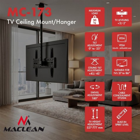 MACLEAN UCHWYT / WIESZAK SUFITOWY DLA TV, MAX. OBCIĄŻENIE 50KG, 37-86", MAX VESA 600X400 MC-173