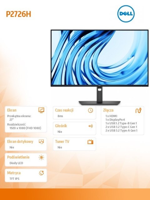 Monitor P2726H 27 cali IPS FHD (1920x1080)/16:9/HDMI/DP/3xUSB/2xUSB-C/3Y