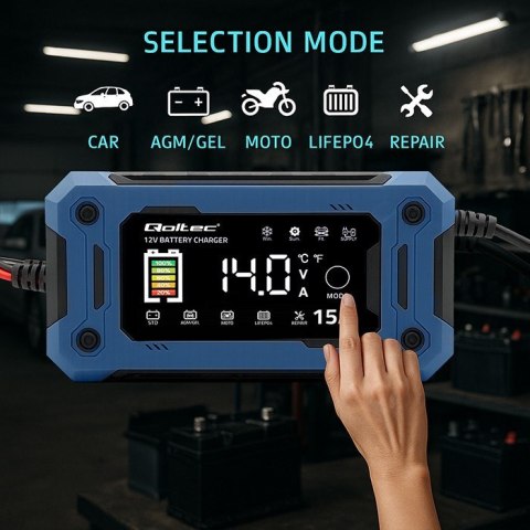 QOLTEC ŁADOWARKA 12V 15A | PROSTOWNIK DO AGM GEL LIFEPO4 | LCD