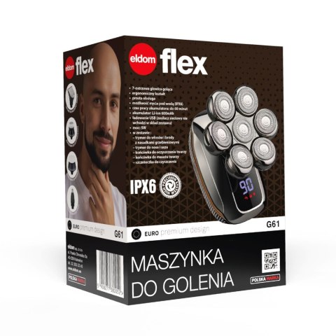 ELDOM MASZYNKA DO GOLENIA G61 5W 7-OSTRZY CASZ PRACY 60 MIN. + TRYMER + NASADKI FRYJERSKIE IPX6
