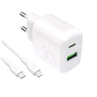 Ładowarka sieciowa USB-A USB-C z kablem USB-C 30W 1.2m - biała